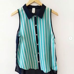 Peppermint Sheer Sleeveless Collared Striped Top